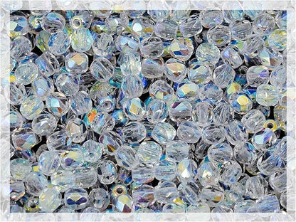 0.88oz (600+ pcs) Faceted Fire Polished Pressed Czech Glass Beads 3mm (0.12in), Crystal AB 00030-28701