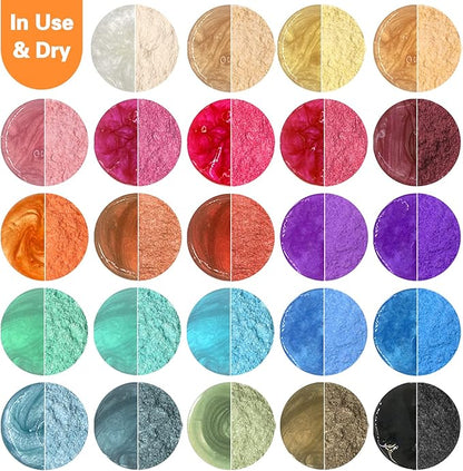 SEISSO Mica Powder - 24 Colors, 0.35 oz(10g) Bottles - Mica Glitter & Pigment for Epoxy Resin, Lip Gloss, Soap, Candle, Bath Bomb, Art Crafts, Nails, Slime