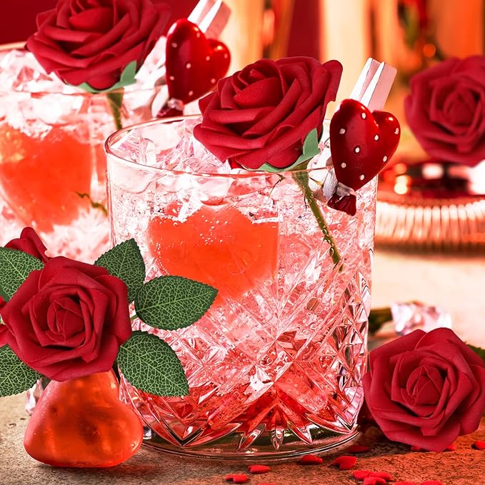AmyHomie Artificial Flowers Dark Red Rose 100pcs Real Looking Fake Roses w/Stem for DIY Wedding Bouquets Centerpieces Arrangements Party Baby Shower Home Decorations