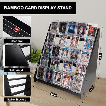 Trading Card Display Stand,5-Tier Bamboo Baseball Card Display Case, 35 pt Sports Card Display for Card Game Collection (Black)