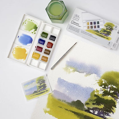 Winsor & Newton Cotman Watercolor Paint Set, 8 Half Pan, Landscape Colors w/ Brush