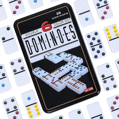 GOTHINK Double 6 Dominos Set for Adults with Tin Box Storage - 28 Tile Colorful Dot Dominoes Games Set for Family Night Gift Travel Game - Classic Party Board Game Ideal for 2-4 Players