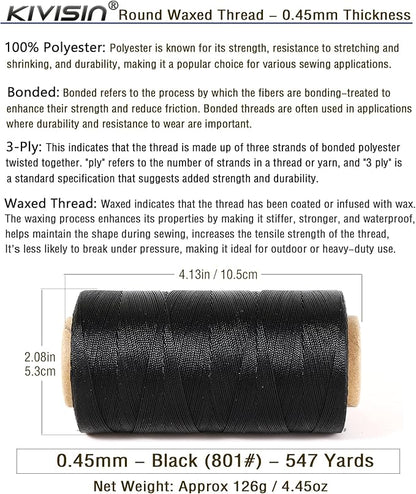 Thin Wax Polyester Thread, 0.45mm, 547 Yards, 3 Ply Round Waxed Cord Strings for Sewing, Beading, Binding, Micro Braiding, Fine Leather Craft and Micro Macrame Jewelry - Black