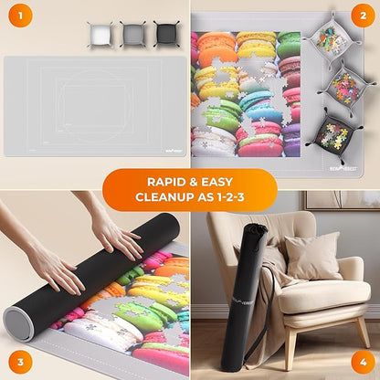 The Original Newverest Jigsaw Puzzle Mat Roll Up, Silver, 46” x 26” Portable Keeper Up to 1500 Pieces with Non-Slip Rubber Bottom & Smooth Top + 3 Puzzle Sorting Trays & Travel-Friendly Storage Bag