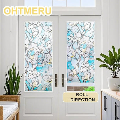 3D Stained Glass Window Privacy Film, Heat Control UV Blocking Static Cling Decorative Window Film for Bathroom,Front Door,Home Non Adhesive,23.6 x 39.3 inches Magnolia