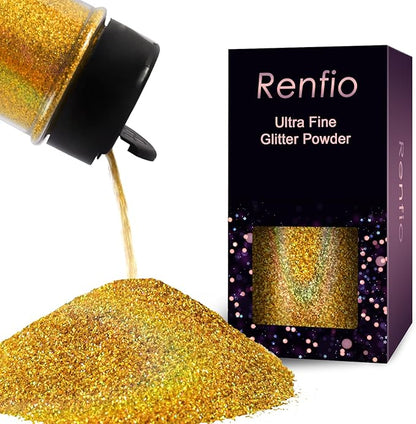 Renfio Holographic Ultra Fine Glitter Powder Metallic Resin Glitter 2.11 Oz (60g) PET Flakes Crafts Sequins 1/128" 0.008" 0.2mm Epoxy Chips Flakes for Tumblers Slime - Laser Gold