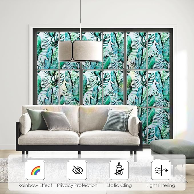 DKTIE Nature Pattern Rainbow Window Film Decorative Stained Glass Window Film Static Cling Films Easy Apply Removable Comes with Tools (U560-rainbow, 17.7" x 118.1")