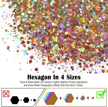Ceya Holographic Chunky Glitter, 4.9oz/ 140g Diamond Gold Craft Glitter Powder Mixed Fine Flakes Iridescent Nail Sequins for Nail Art, Hair, Epoxy Resin, Tumblers, Slime, Painting, Festival Decor