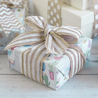 MEEDEE Burlap Wired Ribbon with White Stripe - 2.5 Inch Wired Ribbon for Cakes, Gift Baskets, Wreaths, Rustic Decor, Baby Showers, Beach, Farmhouse, 10 Yards