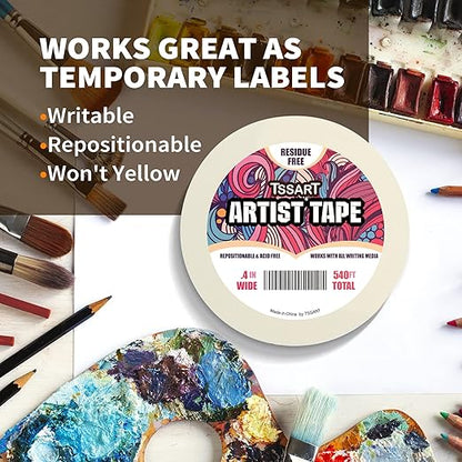3 Pack White Artist Tape - Masking Artists Tape for Drafting Art Watercolor Painting Canvas Framing - Acid Free 0.4 Inch Wide 180FT Long