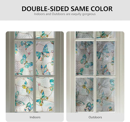 3D Stained Glass Window Film, Decorative Window Privacy Film for Bathroom,Front Door,Home, Sun Blocking Heat Control,Static Cling,Butterfly, 23.6inch x 35.4inch