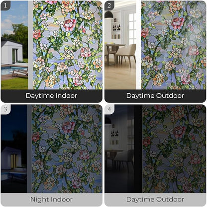3D Stained Glass Window Film, Decorative Window Privacy Film for Bathroom, Front Door, Home, Sun Blocking Heat Control, Static Cling, Beast Rose 35.4inch x 78.7inch