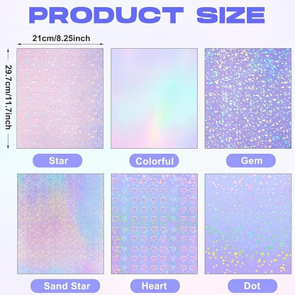Clabby 36 Sheets Holographic Sticker Paper A4 Vinyl Sticker Paper Self Adhesive Waterproof Transparent Film, 11.7 x 8.3 inches(Gem, Dot, Colorful, Star, Heart, Sand Star)