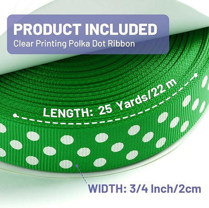 Polka Dot Grosgrain Ribbon 3/4 Inch, 25 Yards Spool Green and White Polka Dot Ribbon for Christmas Gift Wrapping DIY Crafts Hair Bows Wedding Party Decor Sewing and Home Decoration
