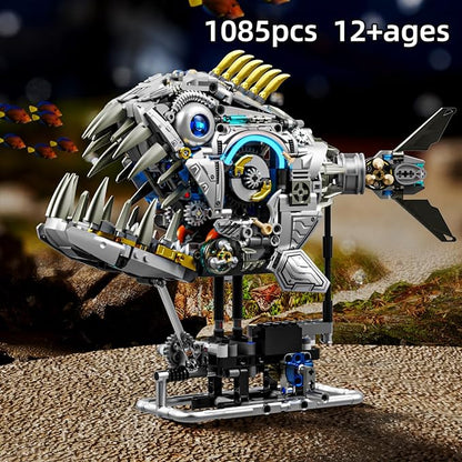 Mechanical Piranha Building Sets, Ocean Animal Collection Toy, Multi-Jointed Movement with Ice Blue Accents, Adults Home or Office Decor, STEM Building Gift for Teens Boys and Girls 12+（1085 PCS)