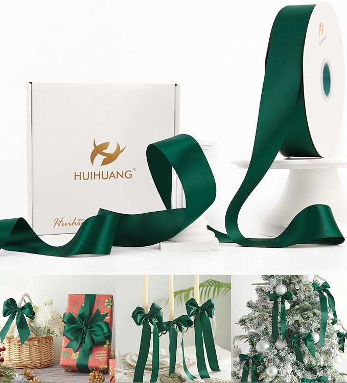 HUIHUANG Green Satin Ribbon 1-1/2 inch x 100 Yards Dark Green Double-Faced Satin Ribbon for Christmas Gift Wrapping, Flower Bouquet, DIY Crafts, Bows, Wedding Decoration