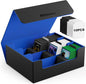 Mlikero Card Deck Case, 1800+ Trading Card Storage Box with 10 Dividers and 3 Foam Stoppers, Leather Magnetic Closure Commander Deck Box Fit for YuGiOh, MTG and Sport Cards(Black&Blue)