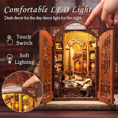 CUTEBEE Book Nook Kit - DIY Miniature House Dollhouse Kit for Adult and Teens, Booknook Bookshelf Decor Alley Model Build with LED Light, Gifts for Family and Friends (Bookshop Memories)