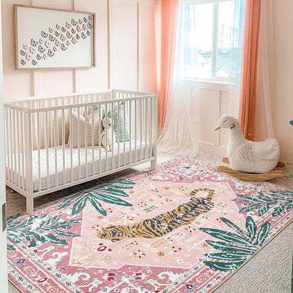 Tribal Rugs, 3x5 Pink Boho Small Area Rugs for Bathroom Kitchen Small Indoor Entryway Rug Modern Vintage Distressed Summer Tropical Jungle Carpet Non-Slip Washable
