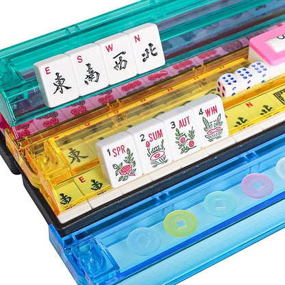 American Mahjong Game Set, 166 White Tiles, 4 All-in-One Color Rack/Pushers, Complete Mahjong Tile Set Red Printed Carrying Bag