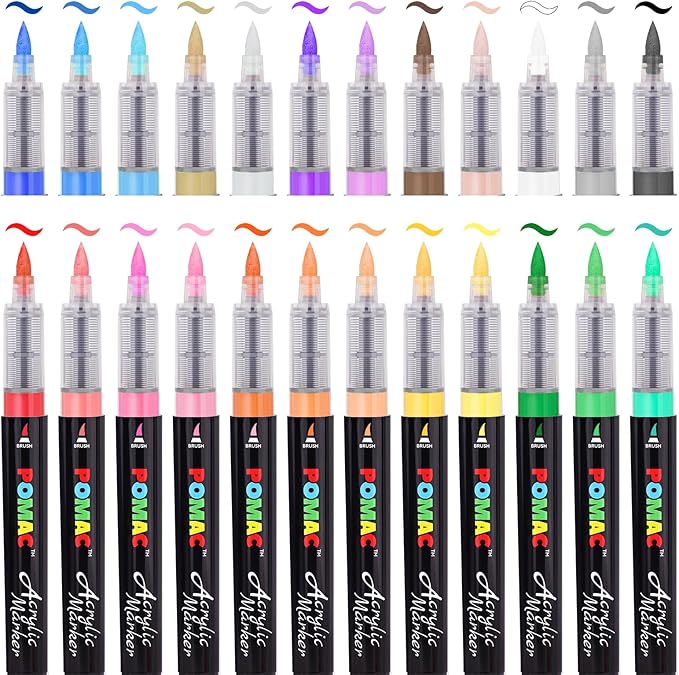 POMAC Liquid Acrylic Paint Markers 24 Colors, Waterproof Paint Marker Pens Brush Tip No-Bleed for Fabric, Canvas, Rock, Glass, Wood, DIY Crafts, Art Supplies