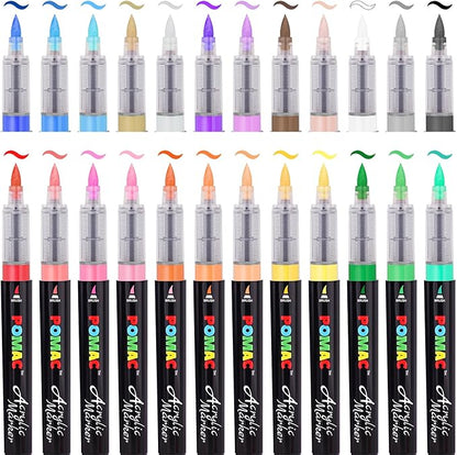 POMAC Liquid Acrylic Paint Markers 24 Colors, Waterproof Paint Marker Pens Brush Tip No-Bleed for Fabric, Canvas, Rock, Glass, Wood, DIY Crafts, Art Supplies