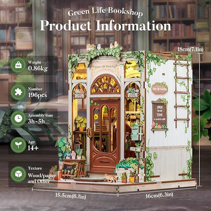 Fsolis Book Nook Kit, 3D Wooden Puzzles for Adults, 196 pcs, DIY Miniature Puzzle Room Kit Tiny House Bookshelf Decor Gifts for Women Teenagers Book Lovers (Green Life's Bookshop)