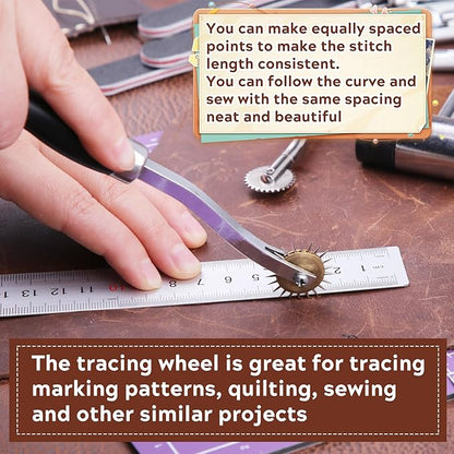 JNENERY 4PCS Tracing Wheel Sewing Tool,Professional Stitch Marking Spacer,Wood and Stainless Steel Pounce Wheel,Pounce Wheel for Sewing Patterns with Wooden Handle forTracing Paper and Leather Crafts