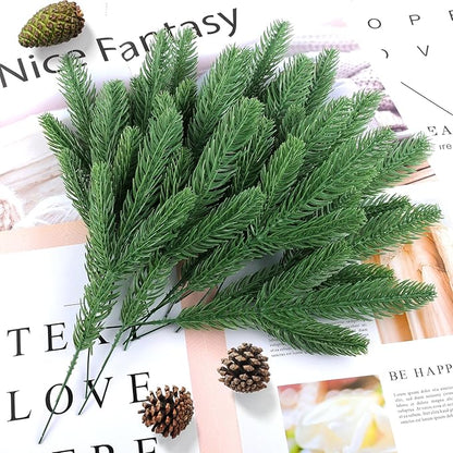 Hananona 50 Pcs Artificial Pine Branches Christmas Greenery Plants Pine Needles DIY Cedar Picks and Sprays Accessories for Christmas Garland Wreath Craft and Home Decor (50, Green)