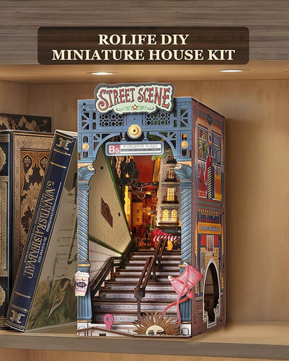 Rolife DIY Book Nook Kits for Adults, Miniature Dollhouse Booknook Kit, 3D Wooden Puzzle Creative Decorative Bookends Bookshelf Diorama Insert Crafts Hobbies Gifts (Street Scene)