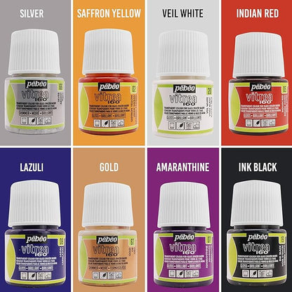 Pebeo Vitrea 160 Glass Paint - Transparent Colour Glossy and Brilliant - Made in France - DIY Craft Paint for Stained Glass and More - Set of 8 Colors Bundled Application Brushes