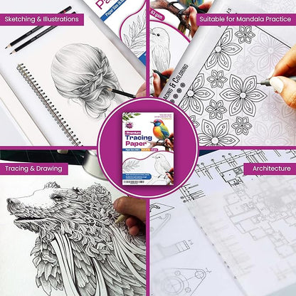Tracing Paper 9 x 12 Inch - 75 Sheets 41lb/63gsm Transparent Vellum Paper for Sketching, Preliminary Drawing, Drafting & Overlays - Premium Translucent Tracing Paper for Pencil, Marker and Ink