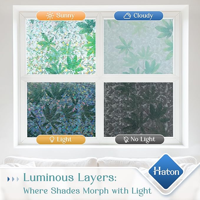 Haton Window Privacy Film, Decorative Stained Glass Window Clings, 3D UV Sun Blocking Sticker, Removable Static Cling Heat Control Tint for Home Door, Leaf Rainbow, 17.5" x 157.4" Non-Adhesive