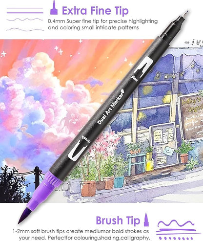 Dual Tip Markers, Double Brush Art Markers Set with Fine Tip and Brush Tip for Adult Coloring Book, Hand Lettering, Calligraphy & Drawing, Art Supplies Kit for Kids and Adults (72 Colors)
