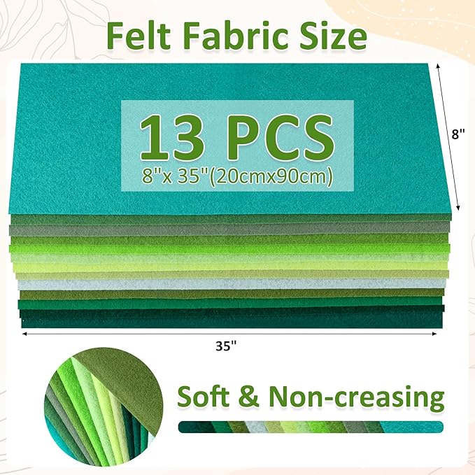 XSEINO 13 Rolls 8"x35" 1.4mm Thick Soft Felt Fabric Sheet 13 Assorted Green Series Colors Felt Pack Pastel Felt Sheets for DIY Craft Sewing Squares Nonwoven Patchwork