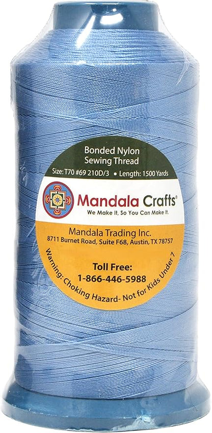 Mandala Crafts Bonded Nylon Thread Light Blue Heavy Duty Sewing Threads - 1500 YDs Size 69 210D T70 Tex 70 Thread for Leather Jeans Weaving Outdoor Marine Upholstery Threads