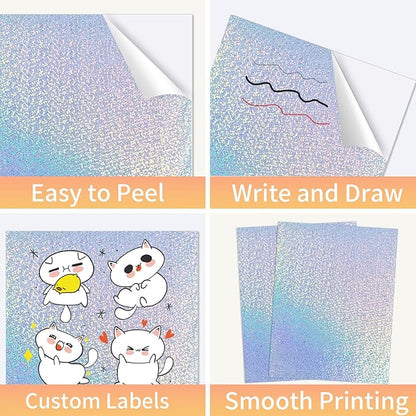 Printable Sticker Paper, Holographic Printable Stickers Paper, Laser/Inkjet Printing- Letter Size(8.5" x 11”- 20 Sheets)