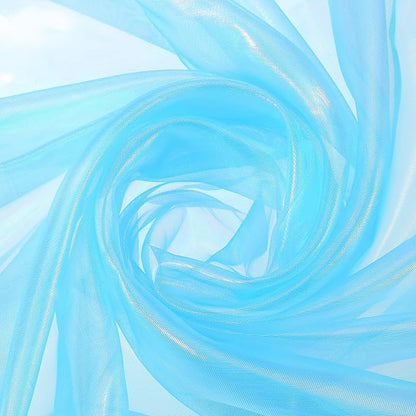 MECCANIXITY Iridescent Sheer Organza Fabric, 2 Yards x 59 Inches Solid Laser Holographic Shiny Fabric Organza Cloth for Wedding, Curtains, Costume, Photo Background, Sky Blue