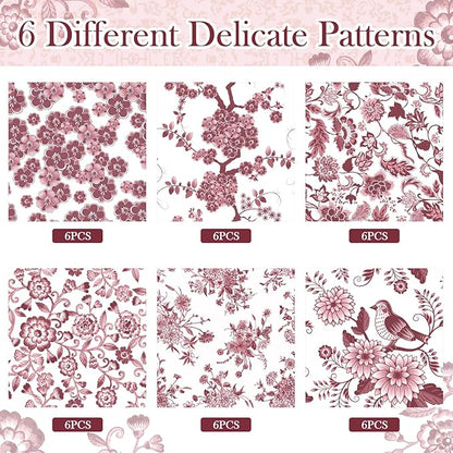 Epakh 36 Pack 6 Style Burgundy Decoupage Paper Napkins Assorted Floral Decorative Decoupage Napkin Chinoiserie Cocktail Paper for DIY Crafting Fall Christmas Wedding Party Decor, Each Unfolded 13''