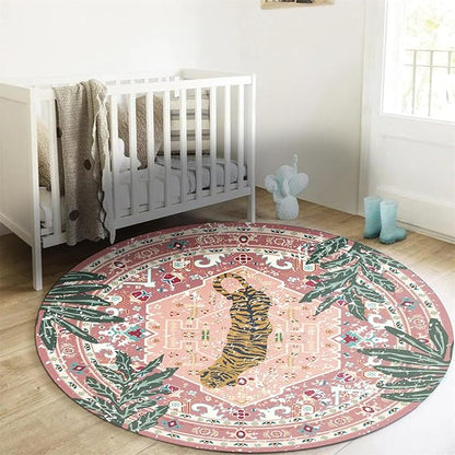 Washable Pink Rugs Thin Oriental Boho Vintage Cute Tropical Leopard 6ft Round Area Rugs for Bedroom Kitchen Dining Living Room Office Indoor Entryway Distressed Nursery Circle Carpet