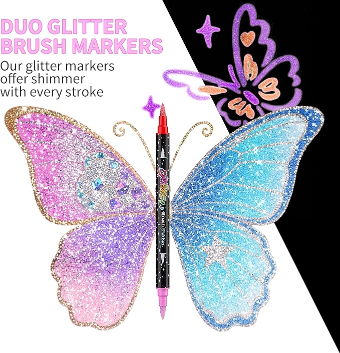 48 Colors Dual-tip Watercolor Markers, 24 Pack Glitter Brush Markers, Water-based Ink Sparkle Pen,Glitter Paint Pens for Adults Coloring,DIY Crafts,Doodle Writing,Art Crafts Gifts