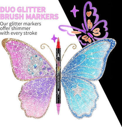 24 Colors Dual-tip Watercolor Markers, 12 Pack Glitter Brush Markers, Water-based Ink Sparkle Pen,Glitter Paint Pens for Adults Coloring,DIY Crafts,Doodle Writing, Art Crafts Gifts