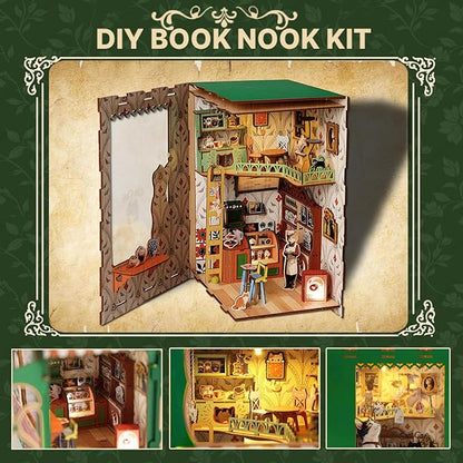 Book Nook Kit,DIY Miniature House Kit for Adults, Teens and Beginners, Dollhouse Booknook Cat Cafe Tiny House Bookshelf Decor 3D Wooden Puzzle, Gifts for Family, Friends