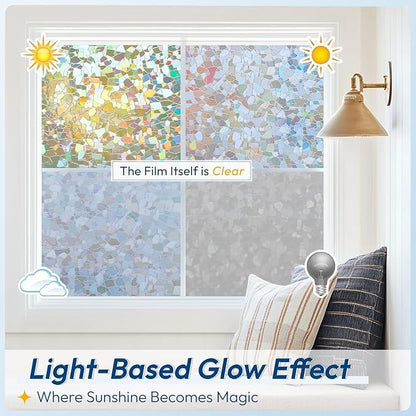 rabbitgoo Rainbow Window Privacy Film Decorative Stained Glass Diamond Pattern Window Sticker with Iridescent Tint Non-Adhesive Static Cling for Home Office Crystal Pattern, 17.5 x78.7 inch