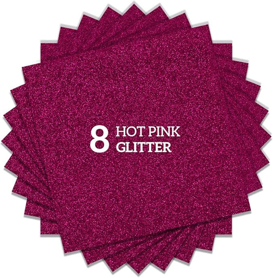 Hot Pink Glitter HTV Heat Transfer Vinyl Bundle 8 sheets-12 x12 Iron on Vinyl for T Shirts Hats Clothing Compatible with Cricut Cameo Heat Press Machine