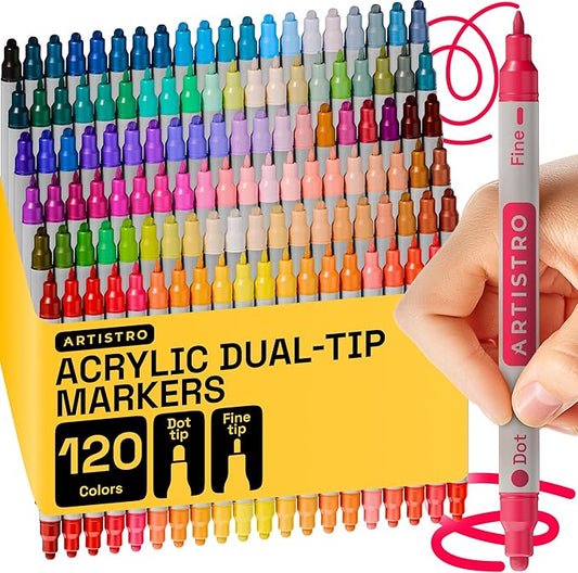 ARTISTRO 120 Acrylic Paint Pens, Acrylic Paint Markers, Fabric Markers for Textile, Canvas, Rock, Glass, Wood, Paper, Pumpkin, DIY (Dual Tip Dot + Fine, 120)