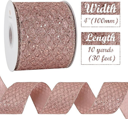 HUIHUANG Rose Gold Christmas Ribbon 4 inch Rose Gold Glitter Wired Ribbon Diamond Mesh Wire Ribbon for X-mas Tree Decorations, Wreaths, Garland, Large Bows Making, Home Decor -10 Yards