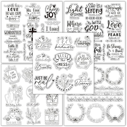 Whaline 5 Sheets Bible Verse Clear Stamps Christian Jesus Silicone Transparent Stamps Greeting Words Border Stamp Cards for DIY Card Making Scrapbooking Embossing Album Decor