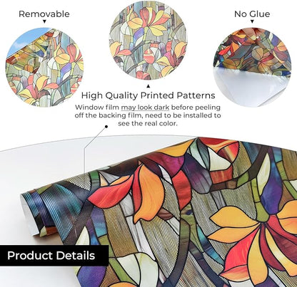 Window Privacy Film, Frosted Glass Decorative Static Cling, Removable Sun Blocking Vinyl Covering, Window Film for Home Kitchen Living Room Bathroom, Glazed Flower Shadows, 17.5" x 78.7 "