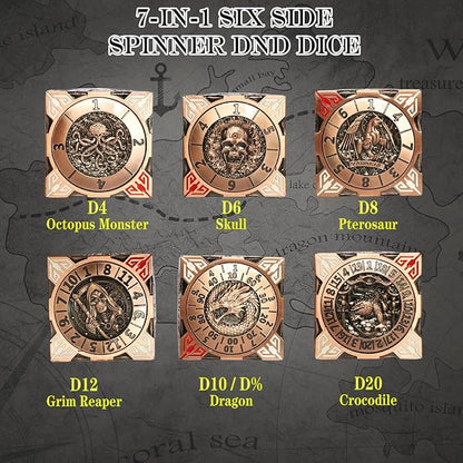 6 Sided Spinner DND Dice - Metal D4 D6 D8 D10 D10% D12 D20 All in One D&D Set - Cool Role Playing Gifts for Dungeons and Dragons TRPG MTG Games Lover Players Red Copper